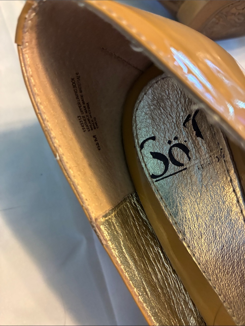 Sofft Patent Leather Peep-Toe Heels in Mustard Yellow - Picture 3 of 3